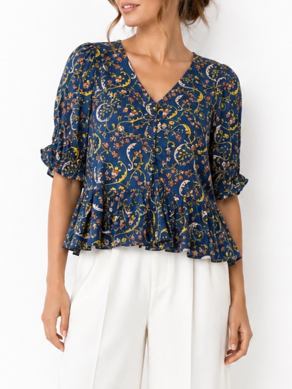 Anna Cate Blue Floral Cotton Peplum Puff Sleeve Blouse Top Small